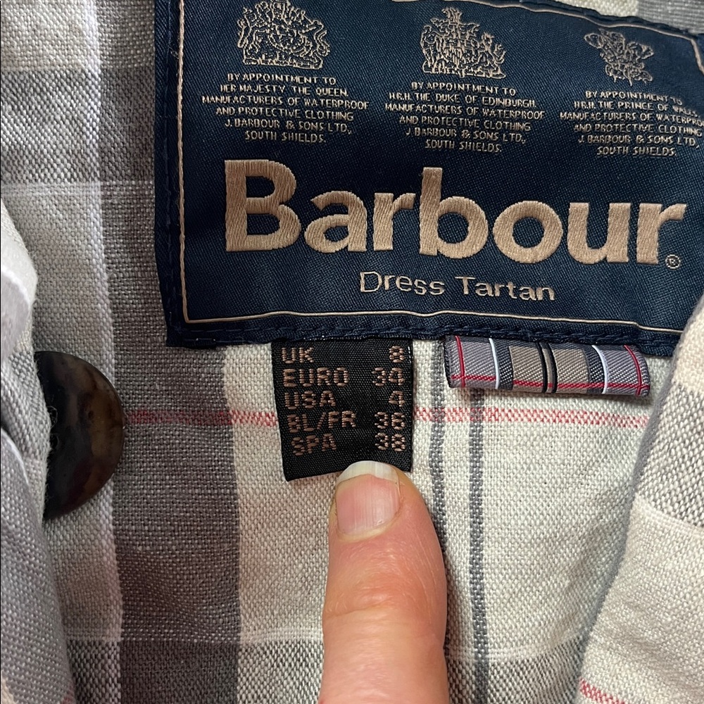 Classic Barbour Pastel Plaid sz4 Cotton Linen Tortoiseshell Hardware Trench EUC - Picture 5 of 16